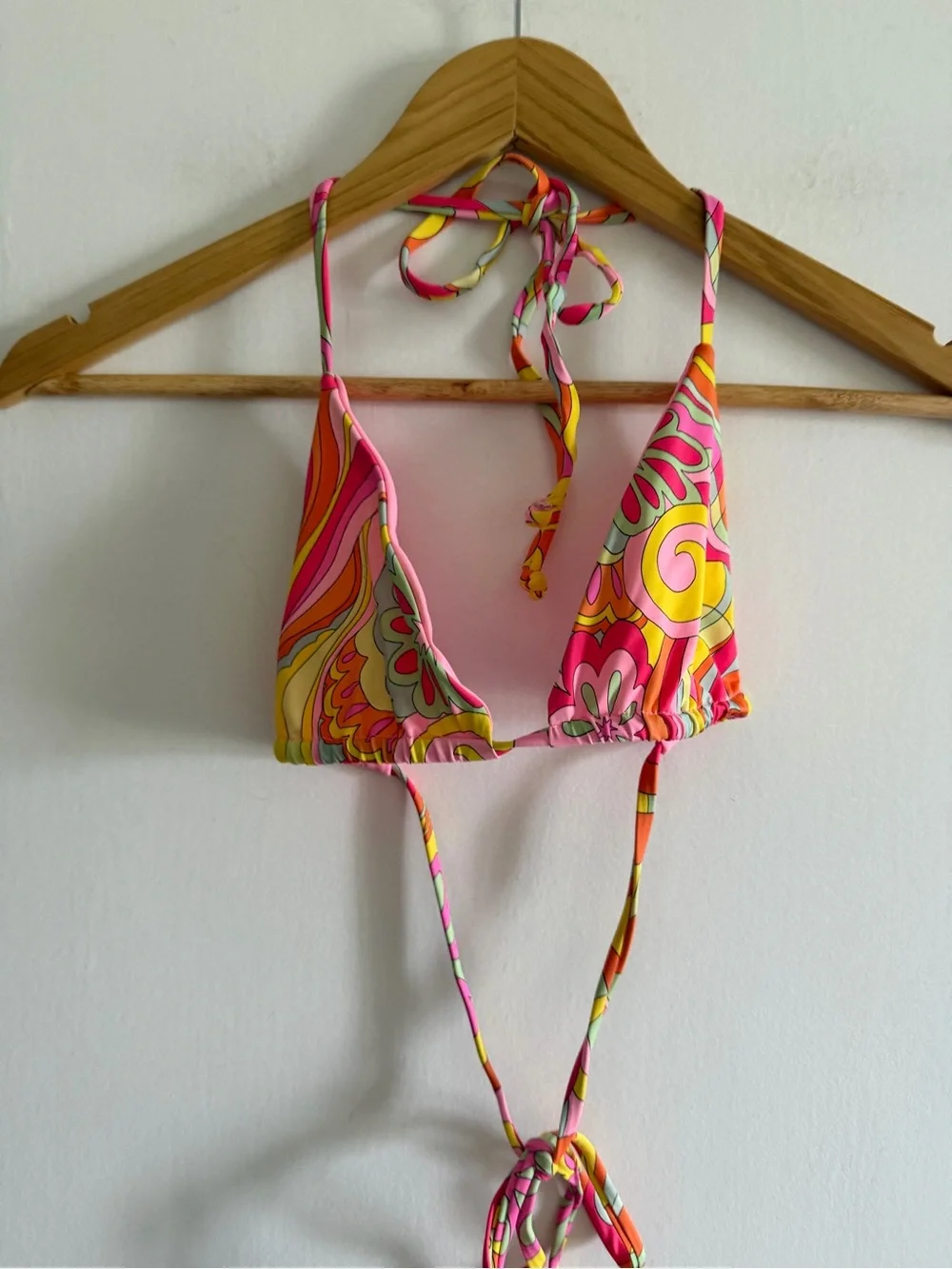 Frankie’s Bikinis Pink Yellow 70’s Theme Retro Print Triangle Bikini Top size L